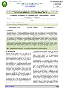 Pharmacognostical and Pharmacological Evaluation of Withania Coagulans - an Important Ethnomedicinal Plant