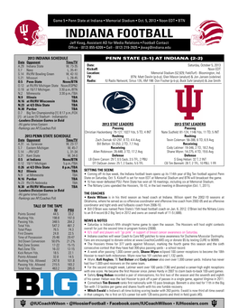 INDIANA Football Jeff Keag, Assistant AD for Media Relations • Football Contact Office - (812) 855-6209 • Cell - (812) 219-2925 • Jkeag@Indiana.Edu