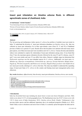 Insect Pest Infestation on Gmelina Arborea Roxb. in Different Agroclimatic Zones of Jharkhand, India