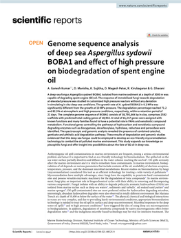 Genome Sequence Analysis of Deep Sea Aspergillus Sydowii BOBA1 and Efect of High Pressure on Biodegradation of Spent Engine Oil A