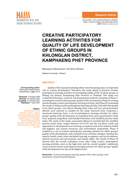 Creative Participatory Learning Activities for Quality of Life Development of Ethnic Groups in Khlonglan District, Kamphaeng Phet Province