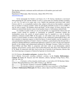 The Absolute Arithmetic Continuum and the Unification of All Numbers Great and Small Philip Ehrlich Department of Philosophy, O