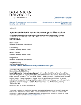 A Potent Antimalarial Benzoxaborole Targets a Plasmodium Falciparum Cleavage and Polyadenylation Specificity Factor Homologue