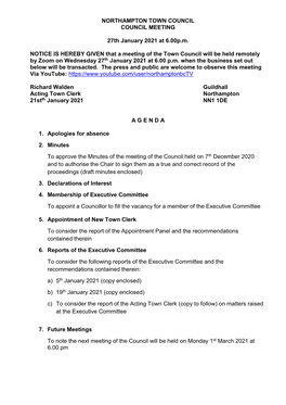 (Public Pack)Agenda Document for Northampton Town Council, 27/01