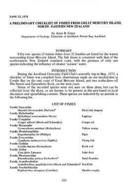 A Preliminary Checklist of Fishes from Great Mercury Island, North-Eastern New Zealand