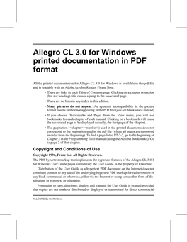 Allegro CL 3.0 for Windows Printed Documentation in PDF Format