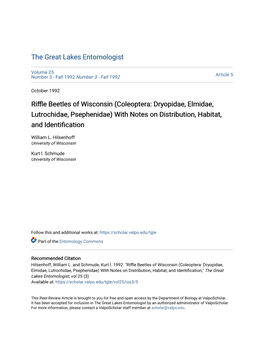 Riffle Beetles of Wisconsin (Coleoptera: Dryopidae, Elmidae, Lutrochidae, Psephenidae) with Notes on Distribution, Habitat, and Identification