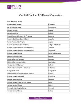 Central Banks of Different Countries