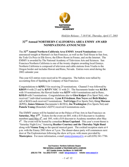 Annual Northern California Area EMMY Award Nominations Were