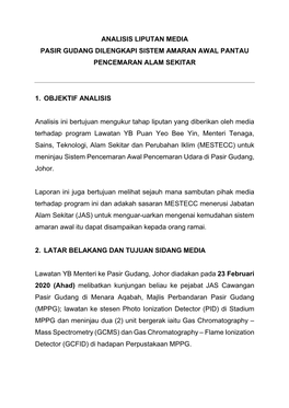 Analisis Liputan Media Pasir Gudang Dilengkapi Sistem Amaran Awal Pantau Pencemaran Alam Sekitar