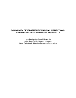 Community Development Financial Institutions: Current Issues and Future Prospects