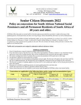 Senior Citizen Discounts 2022 Policy on Concessions for South African National Social Pensioners and All Permanent Residents of South Africa of 60 Years and Older