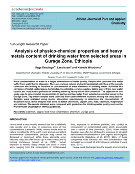 Analysis of Physico-Chemical Properties and Heavy Metals Content of Drinking Water from Selected Areas in Gurage Zone, Ethiopia