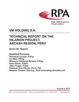 Technical Report on the Hilarión Project, Ancash Region, Peru