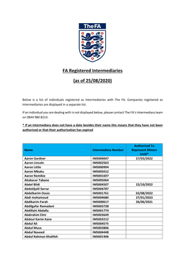 FA Registered Intermediaries (As of 25/08/2020)