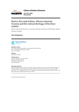 Back to the Land of Roots. African American Tourism and the Cultural Heritage of the River Gambia Retour Au Pays De Racines