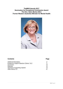 Themhs Awards 2017 Nomination for Exceptional Contribution Award the Hon. Helen Morton MLC Former Western Australian Minister for Mental Health