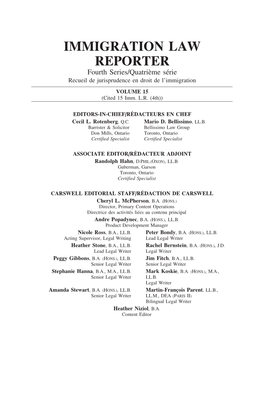 IMMIGRATION LAW REPORTER Fourth Series/Quatri`Eme S´Erie Recueil De Jurisprudence En Droit De L’Immigration VOLUME 15 (Cited 15 Imm