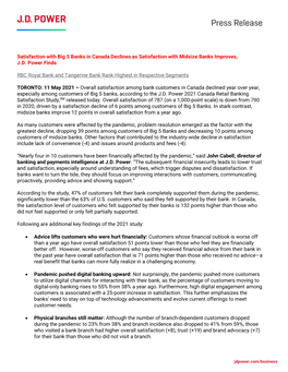 Satisfaction with Big 5 Banks in Canada Declines As Satisfaction with Midsize Banks Improves, J.D