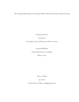 The Cycling and Recycling of the Arthurian Myth in Alfred Lord Tennyson’S Idylls of the King