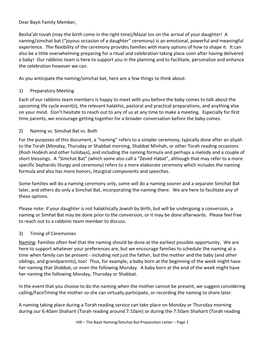 Naming/Simchat Bat Preparation Letter – Page 1 Around 8:15Am) Or Shabbat Morning During the 8:30Am Shaharit (Torah Reading Around 9:30Am)