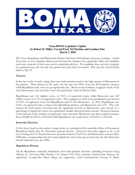 Texas BOMA Legislative Update by Robert D. Miller, Crystal Ford, Nef Partida, and Gardner Pate March 7, 2018