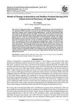 Winds of Change in Rajasthan and Madhya Pradesh During 2019 Indian General Elections: an Appraisal