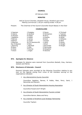 COUNCIL 25 February 2008 MINUTES Held at Council Chamber