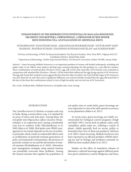 Enhancement of the Reproductive Potential of Mallada Boninensis Okamoto (Neuroptera: Chrysopidae), a Predator of Red Spider Mite Infesting Tea: an Evaluation of Artificial Diets