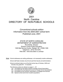 2001 North Carolina DIRECTORY of NON-PUBLIC SCHOOLS