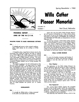 Willa Cather Pioneer Memorial VOLUME VII NUMBER 1 Red Cloud, Nebraska