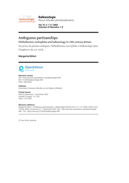 Ambiguous Partisanships Philhellenism, Turkophilia and Balkanology in 19Th Century Britain Des Prises De Position Ambiguës