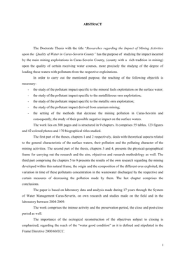 I ABSTRACT the Doctorate Thesis with the Title “Researches Regarding the Impact of Mining Activities Upon the Quality of Wa