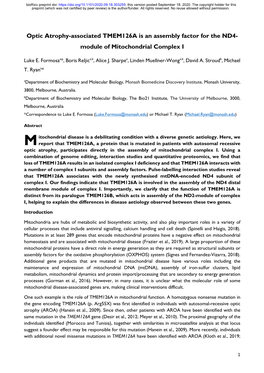 Optic Atrophy-Associated TMEM126A Is an Assembly Factor for the ND4- Module of Mitochondrial Complex I