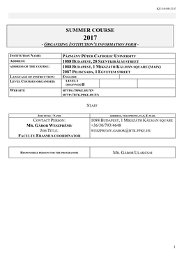 Summer Course 2017 - Organising Institution’S Information Form