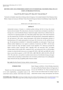 IDENTIFICATION and ANTIMICROBIAL RESISTANCE of MICROFLORA COLONIZING FERAL PIG (SUS SCROFA) of BRAZILIAN PANTANAL. Lessa