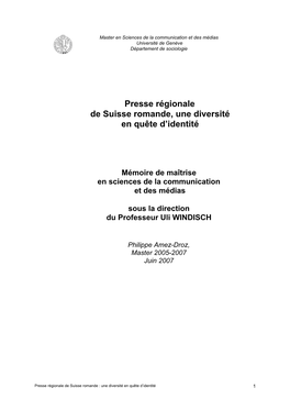 Presse Régionale De Suisse Romande, Une Diversité En Quête D'identité