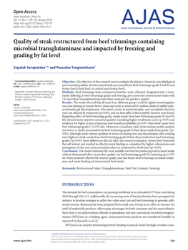 Quality of Steak Restructured from Beef Trimmings Containing Microbial Transglutaminase and Impacted by Freezing and Grading by Fat Level