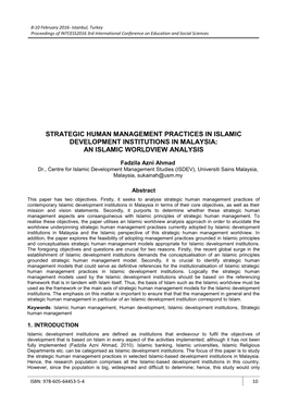 Strategic Human Management Practices in Islamic Development Institutions in Malaysia: an Islamic Worldview Analysis