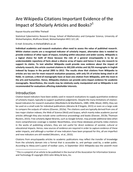 Wikipedia Citations Important Evidence of the Impact of Scholarly Articles and Books?1