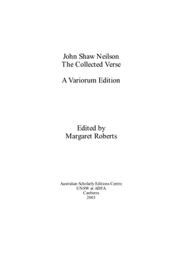 John Shaw Neilson the Collected Verse a Variorum Edition Edited By