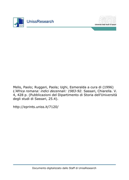 Melis, Paolo; Ruggeri, Paola; Ughi, Esmeralda a Cura Di (1996) L'africa Romana: Indici Decennali: 1983-92. Sassari, Chiarella. V