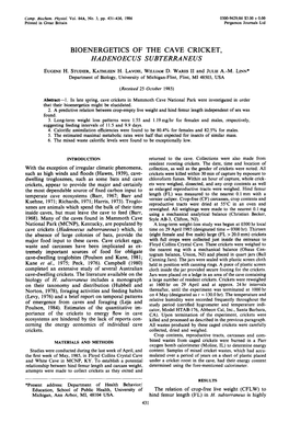 Bioenergetics of the Cave Cricket, Hadenoecus Subterraneus