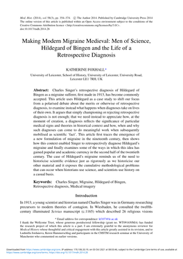 Making Modern Migraine Medieval: Men of Science, Hildegard of Bingen and the Life of a Retrospective Diagnosis