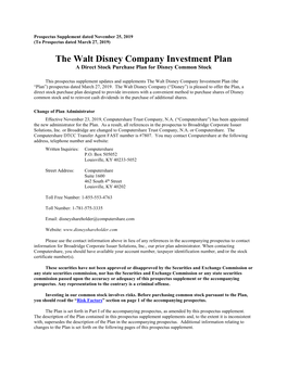 The Walt Disney Company Investment Plan a Direct Stock Purchase Plan for Disney Common Stock