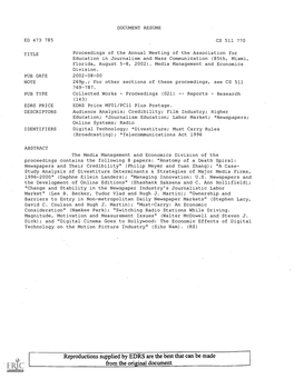 Proceedings of the Annual Meeting of the Association for Education in Journalism and Mass Communication (85Th, Miami, Florida, August 5-8, 2002)