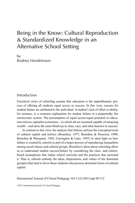 Cultural Reproduction & Standardized Knowledge in an Alternative