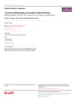 A Current Bibliography of Canadian Church History / Bibliographie Récente De L’Histoire De L’Église Canadienne