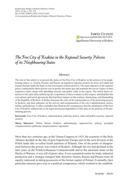 The Free City of Kraków in the Regional Security Policies of Its Neighbouring States