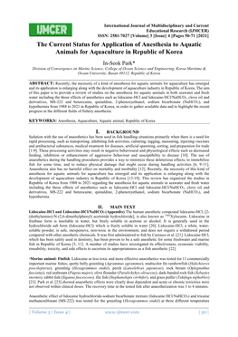 The Current Status for Application of Anesthesia to Aquatic Animals for Aquaculture in Republic of Korea
